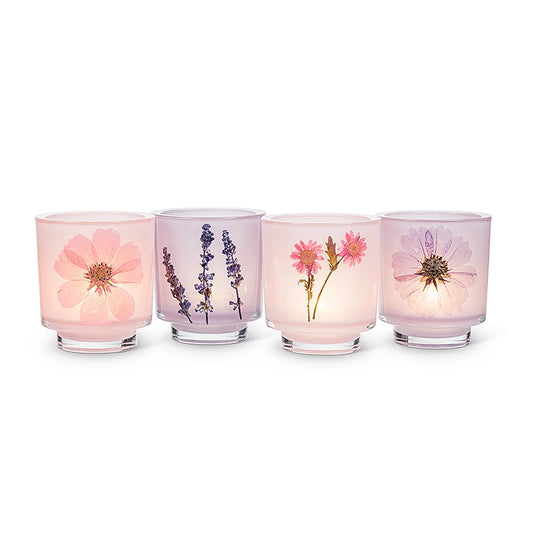 Frosted Glass Votive Candle Holder With Pressed Flowers Set of 4