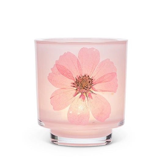 Frosted Glass Votive Candle Holder With Pressed Flowers Set of 4