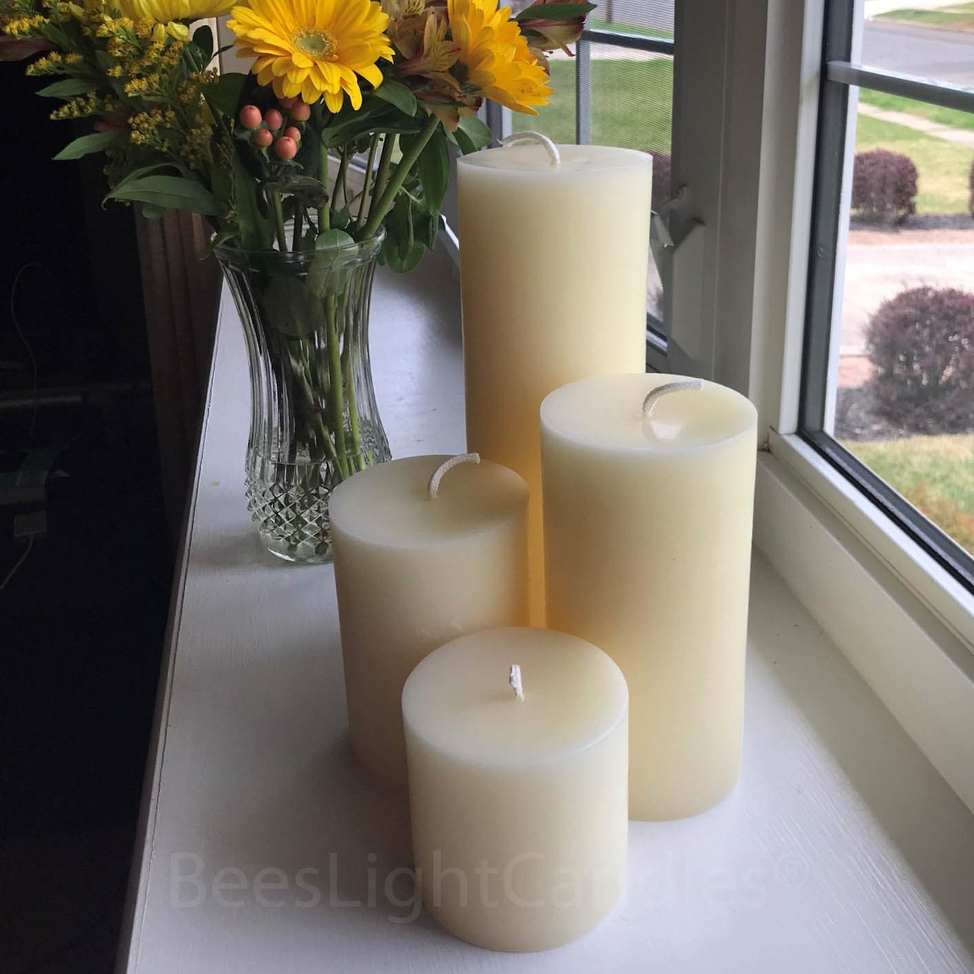 4" BEESWAX Pillar Candle Set | All NATURAL White Bees Wax | Lead Free | Pure Allergy Friendly | Four Inch Width | Wide Candles Unscented NEW - Bees Light Candles