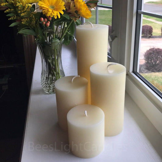 4" BEESWAX Pillar Candle Set | All NATURAL White Bees Wax | Lead Free | Pure Allergy Friendly | Four Inch Width | Wide Candles Unscented NEW - Bees Light Candles