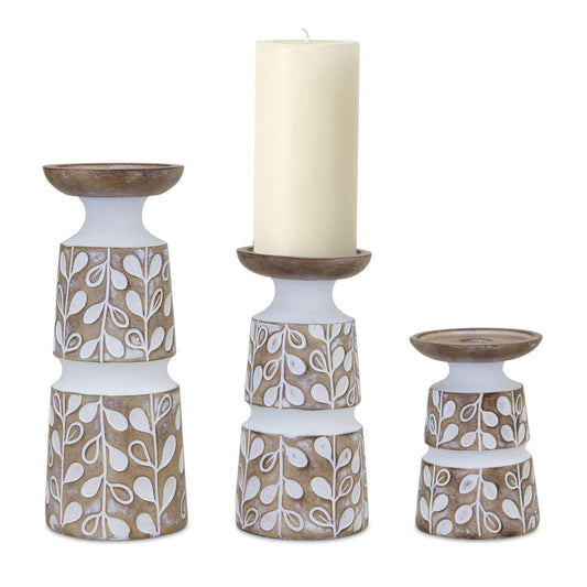 Leaf Pattern Candle Holder with Wood Design (Set of 3)
