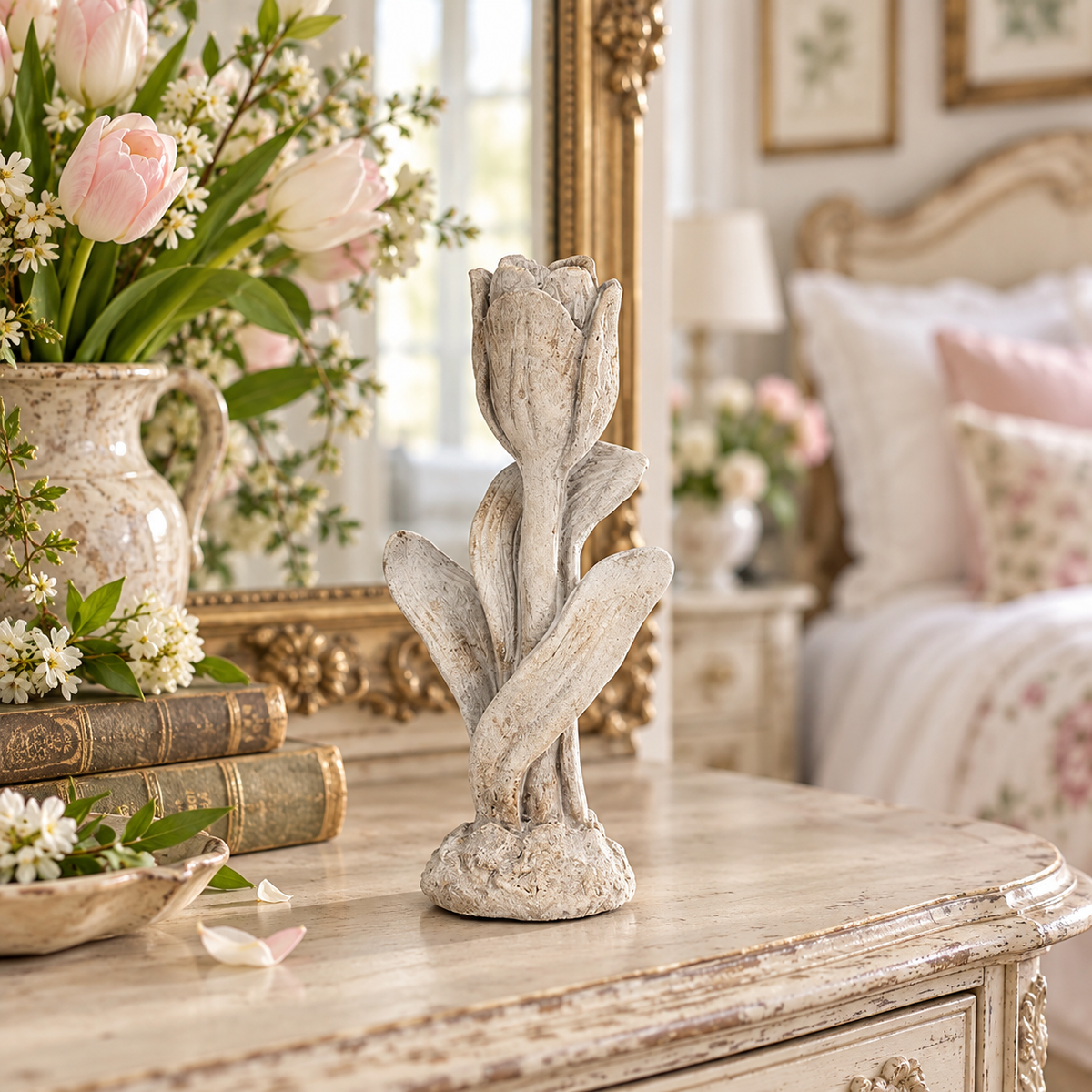 Tulip Floral Cement Taper Candle Holder