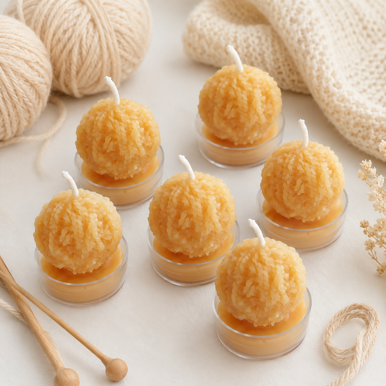 Yarn Ball Beeswax Tealight Candles
