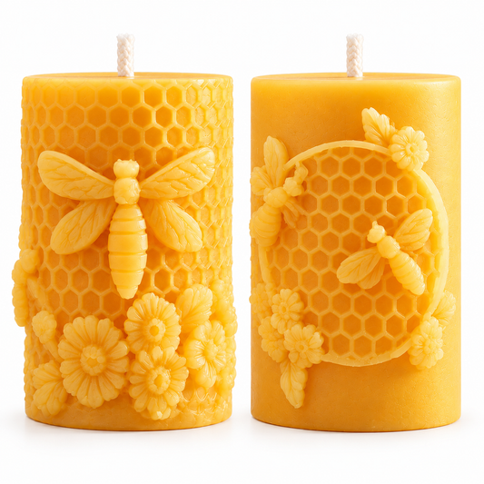 Honeycomb Floral Beeswax Pillar Candle Set