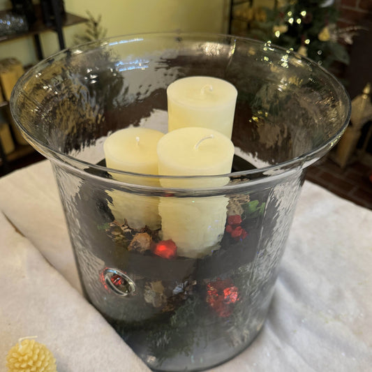 Hammered Glass Candle Holder with Decorative Metal Pan