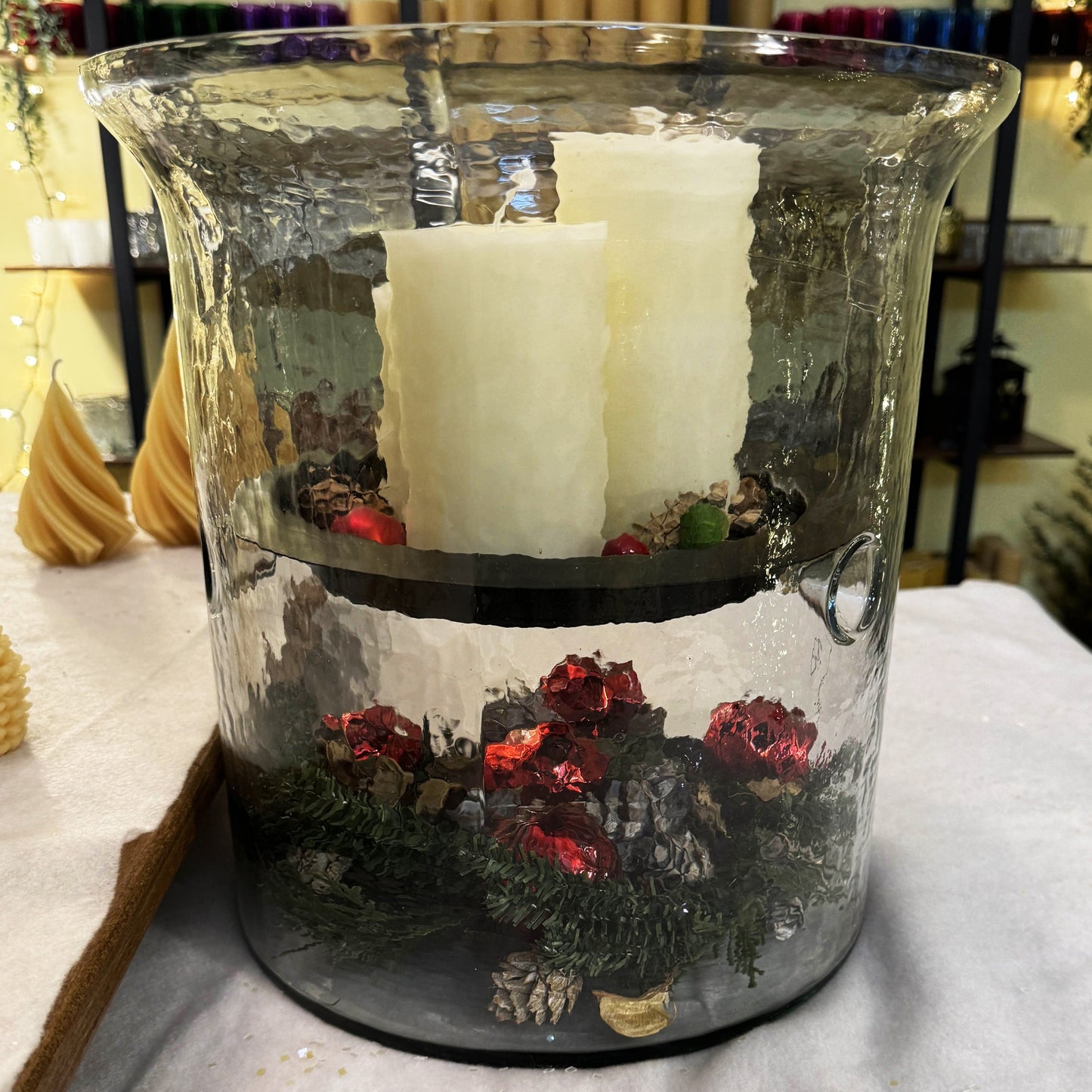 Hammered Glass Candle Holder with Decorative Metal Pan