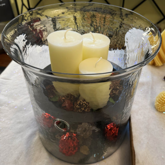 Hammered Glass Candle Holder with Decorative Metal Pan