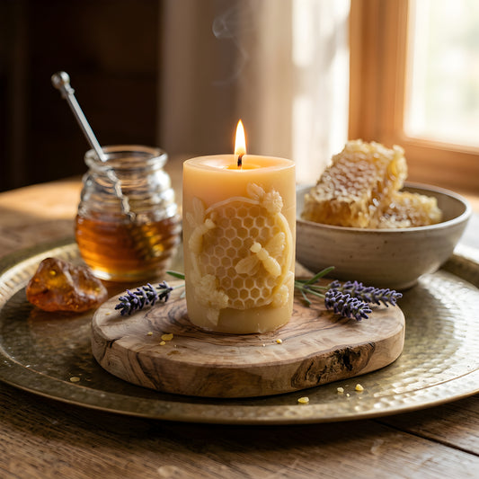 Golden Hivelet Beeswax Pillar Candle Beehive Inspired