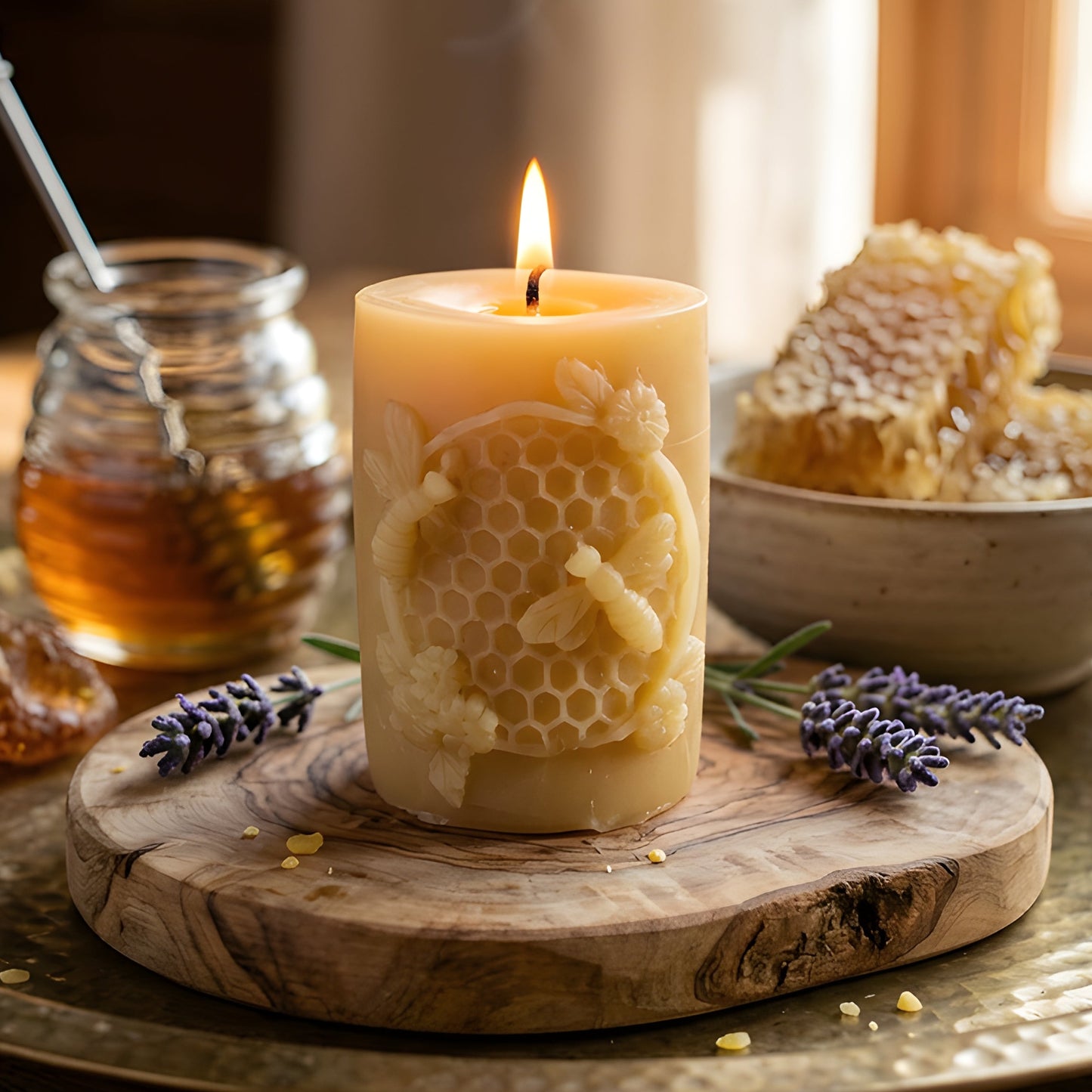 Golden Hivelet Beeswax Pillar Candle Beehive Inspired