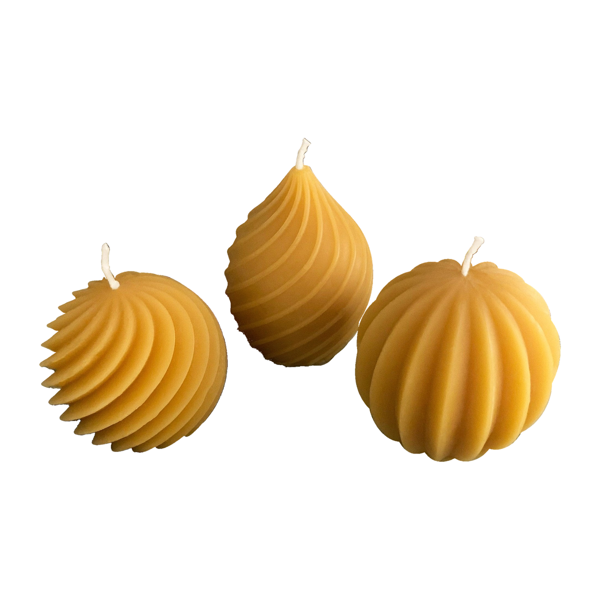 Elegant Beeswax Candle Set | Pear | Spiral | Melon on pure white background. Complete Set of 3 variant only: original spiral sphere, pear and melon with exact relative proportions and original three wicks.