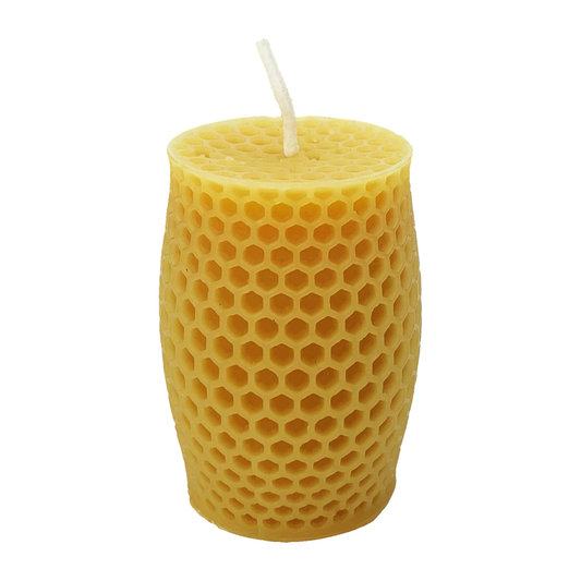Honeycomb curvy beeswax pillar candle with original cotton wick on a pure white background.