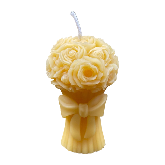 Rose & Bow Flower Bouquet Beeswax Candle on a white background.