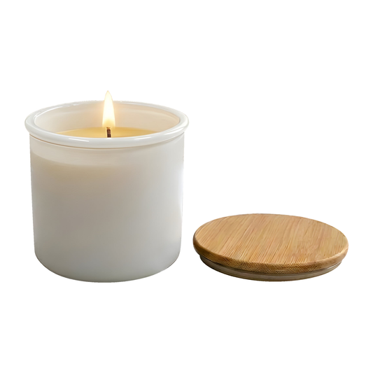 Beeswax Candle Poured in USA in 10 oz White Colored Recycled Spanish Glass Jar with Bamboo Lid on a pure white background