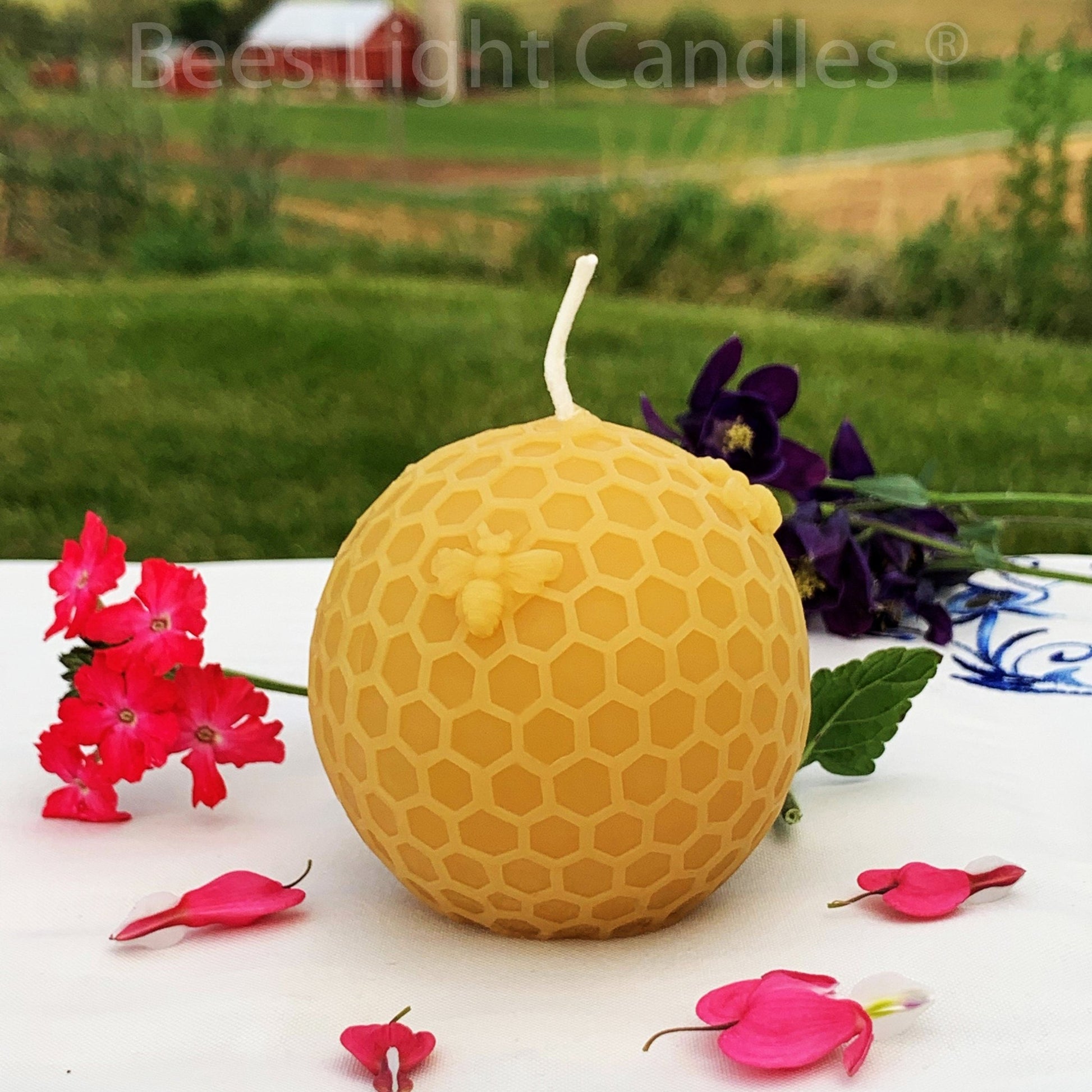 Beeswax Honeycomb Ball Candle | 100% Natural Bees Wax | Yellow Honeybee | Save the Bees | Honey Comb Candles | Handmade in USA | Bee Gift - Bees Light Candles