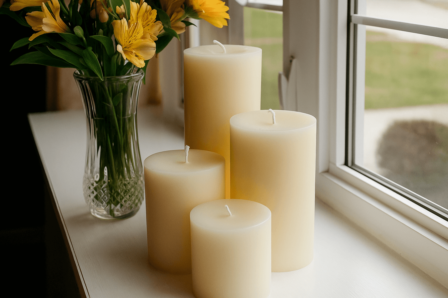 Four natural beeswax pillar candles arranged on a windowsill next to a clear vase of yellow flowers, lit by soft daylight.