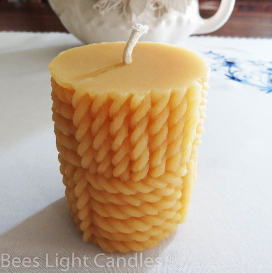 Braided Rope Pillar Candle 100% Natural Beeswax Pillars | Handcrafted | Pure Clean Bees Wax | Braids | Gift Idea | Birthday | Party | Event - Bees Light Candles