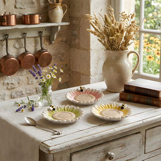 Assorted Flower and Bee Pillar Candle or Wine Base Plate Round 5″ Set of 3