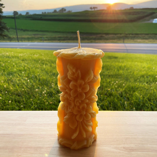 Delicate Floral Beeswax Pillar Candle | LARGE BEES WAX Pillars | Intricate Flower Design | Candles Flowers Gift Mom | Nature Centerpiece New - Bees Light Candles