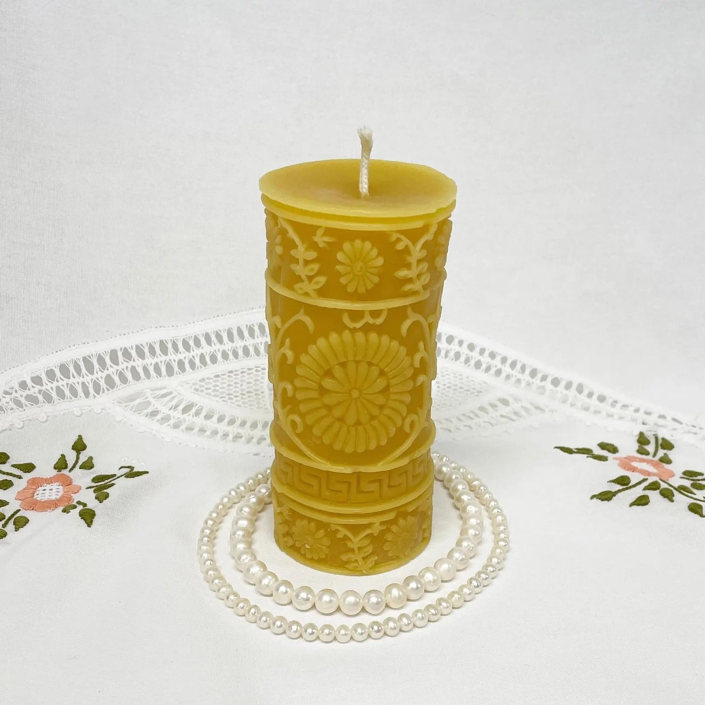 Floral French Country Pillar Beeswax Candle