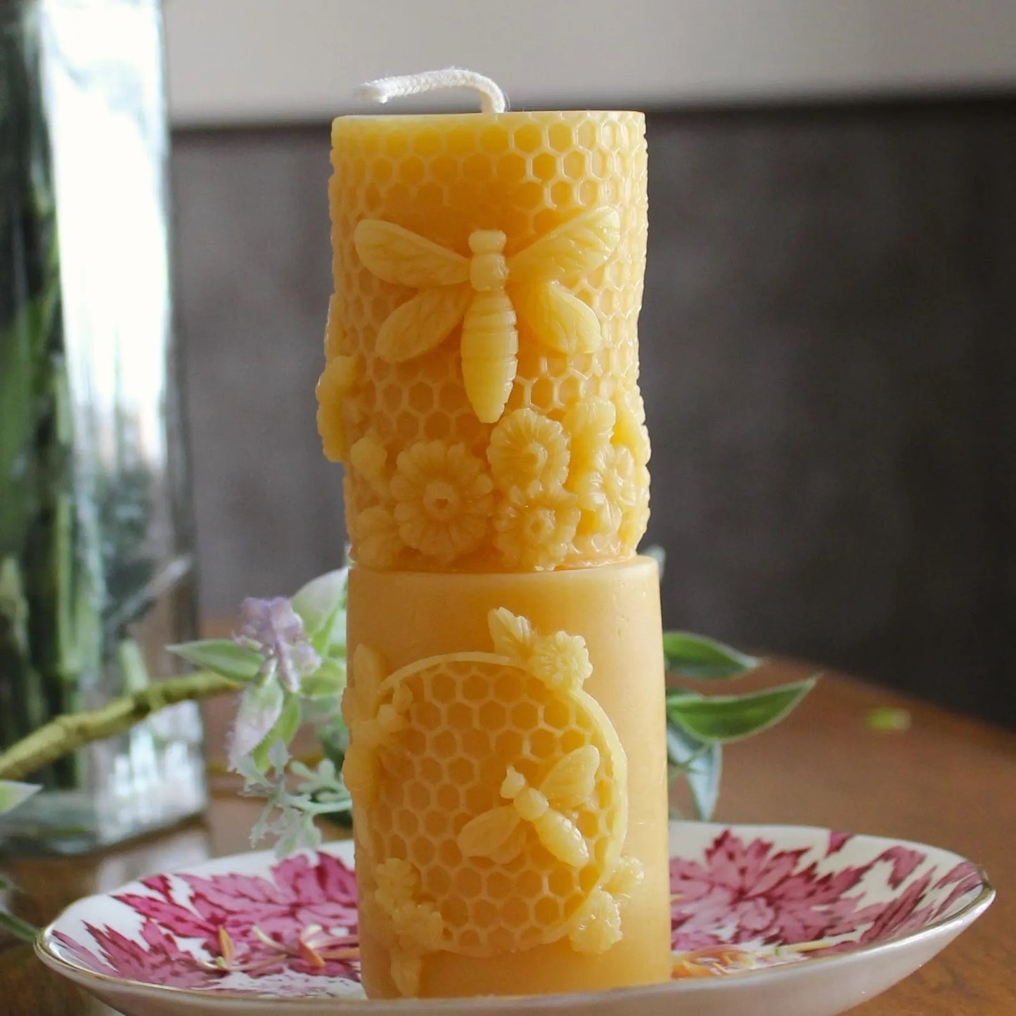 Honeycomb Floral Beeswax Pillar Candle Set