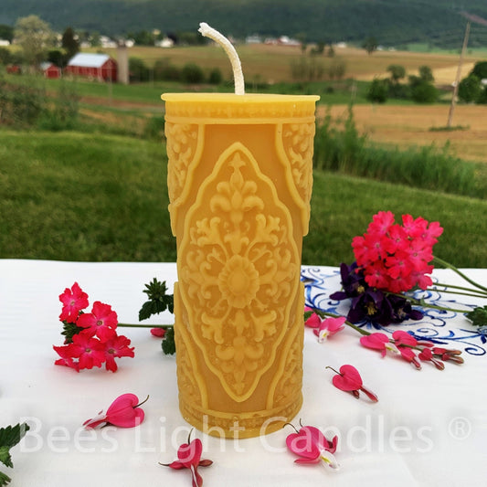 French Country Pillar Candles | 100% Natural Beeswax Candle | Handmade in USA | Fleur De Lis | France | Exquisite Design | Cylinder | Honey - Bees Light Candles