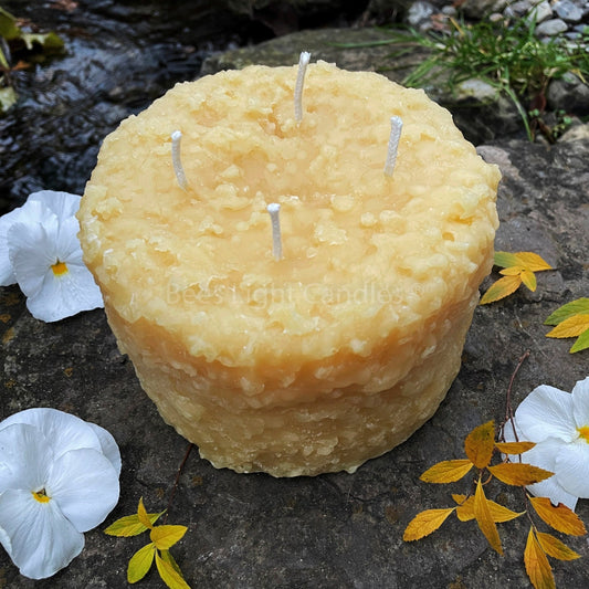 Grubby 6x5" LARGE Pillar Beeswax Candle | 100% All Natural Bees Wax 6 Inch Wide 5 Inch High | Massive 4 Wick Pillars Rustic Country Candles - Bees Light Candles