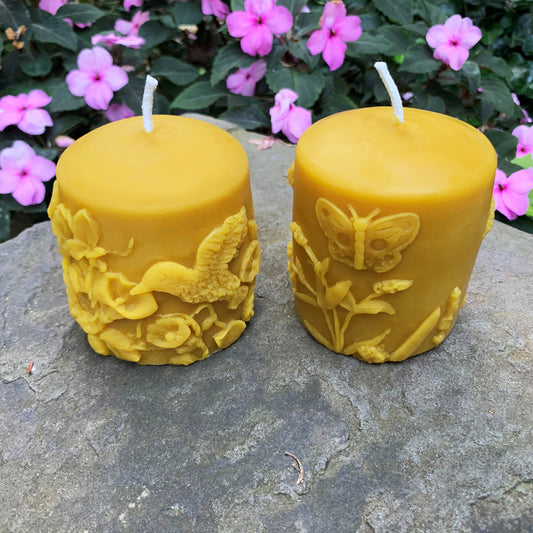Butterfly | Hummingbird | Flower | Beeswax Pillar Set