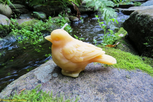 Pale golden bird-shaped beeswax candle standing on a mossy stone beside a stream.