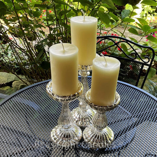 Mercury Glass Pillar Candle Holder Set of 3 | With or Without Handmade BEESWAX Candles | Designer Style Ribbed Lightweight Stands | New Gift - Bees Light Candles