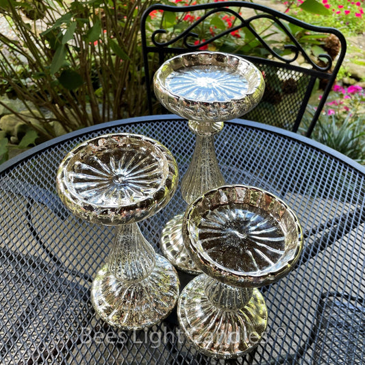 Mercury Glass Pillar Candle Holder Set of 3 | With or Without Handmade BEESWAX Candles | Designer Style Ribbed Lightweight Stands | New Gift - Bees Light Candles