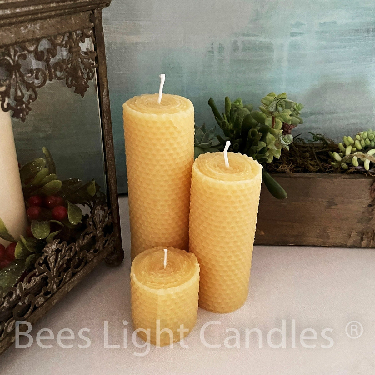 Set of 3 100% pure beeswax pillar candle gift set, contemporary set