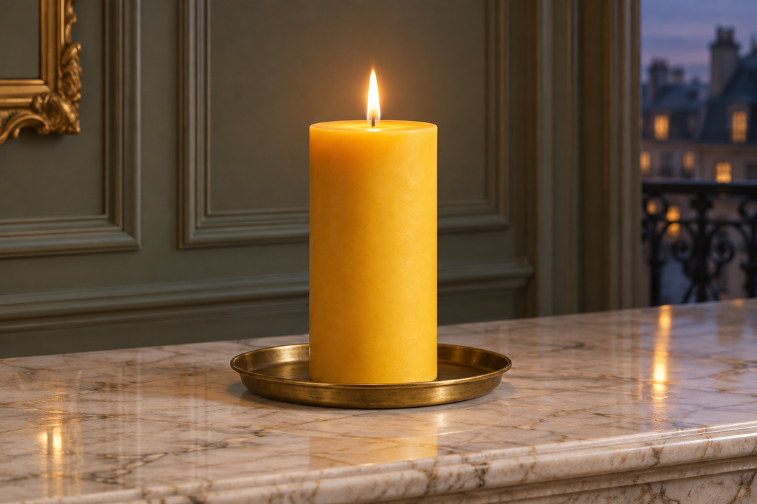 Golden 3x6-inch beeswax pillar in an antique-brass candle plate on marble in an elegant room at dusk.