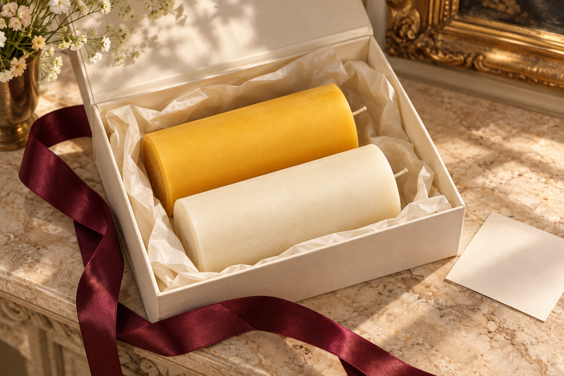 White and yellow Bees Light Candles pillar designs arranged in an ivory gift box with burgundy ribbon.