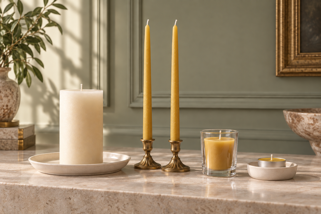 White beeswax pillar, golden Sunlit tapers, a votive and an aluminum-cupped tealight in an elegant sage-and-stone setting.