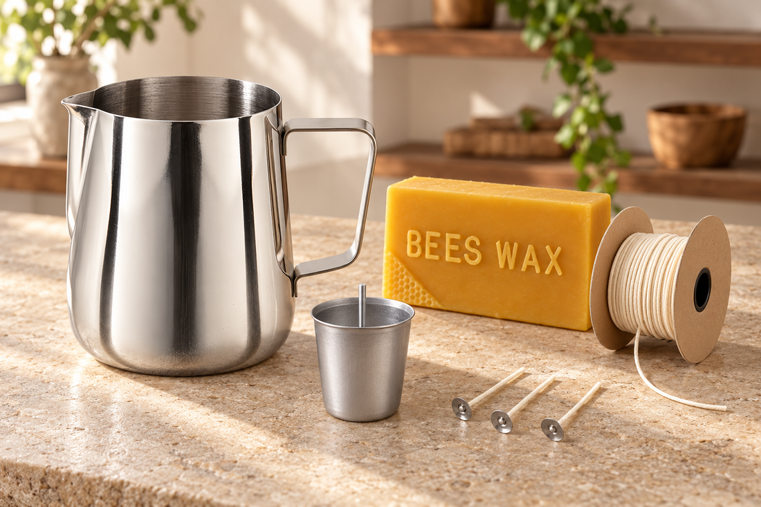 Bees Light Candles pouring pitcher, embossed beeswax block, cardboard wick spool, metal votive mold with wick pin and tabbed votive wicks.