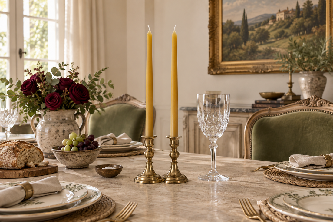 Slender golden Sunlit beeswax tapers in brass holders beside crystal stemware on an elegant French-country dining table.
