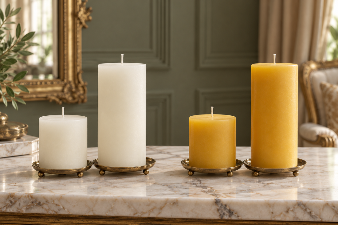 White and yellow Bees Light pillar candles on antique-brass plates against a sage-paneled luxury interior.