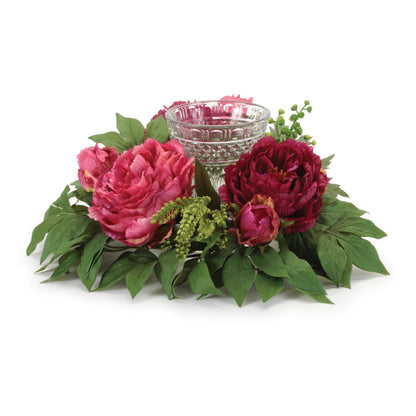 Mixed Peony Candle Holder w/Glass 15"D x 6"H Polyester/Glass
