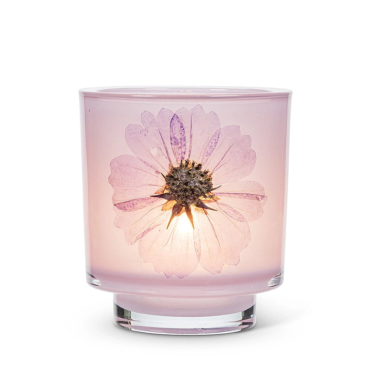 Frosted Glass Votive Candle Holder With Pressed Flowers Set of 4