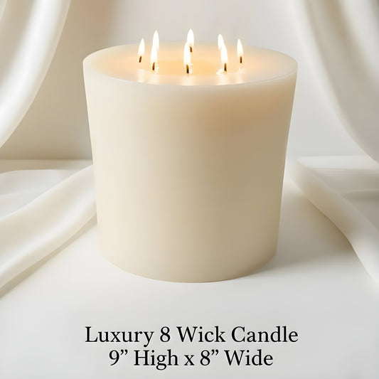 Bonfire White Beeswax Candle Eight-Wick Luxury Statement Pillar 9″ Tall 8″ Wide