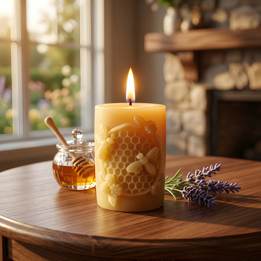 Golden Hivelet Beeswax Pillar Candle Beehive Inspired