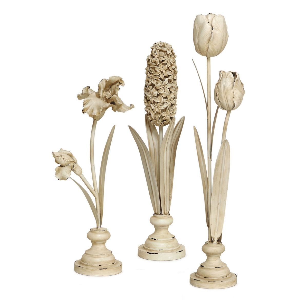 Distressed Ivory Floral Stem Sculpture (Set of 3)