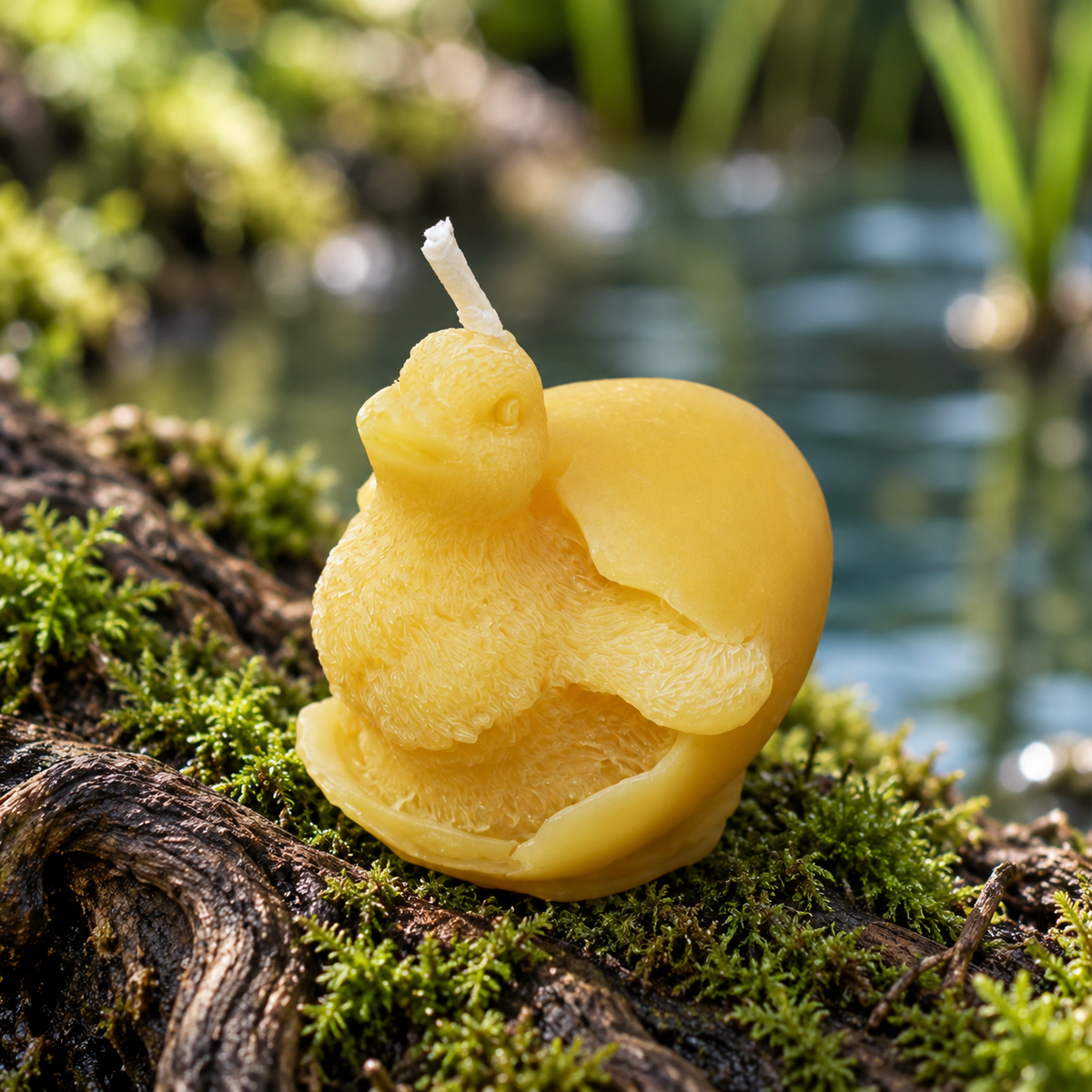 Baby duckling beeswax candle hatching from an eggshell on a moss-covered woodland log