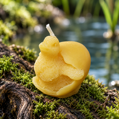 Baby duckling beeswax candle hatching from an eggshell on a moss-covered woodland log