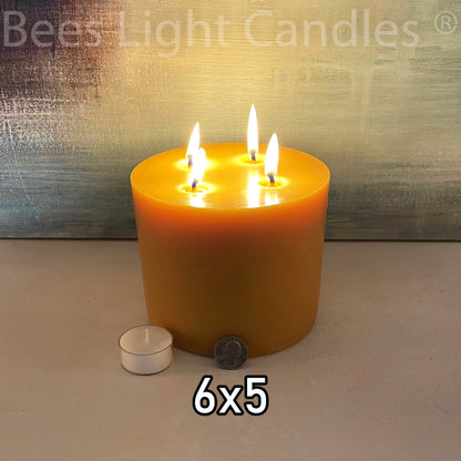 6 Inch Wide 5 Inch Tall BEESWAX PILLAR Candles | Extra Large Bees Wax Pillars | Four Wick Centerpiece | Long Lasting Unscented Natural | NEW - Bees Light Candles