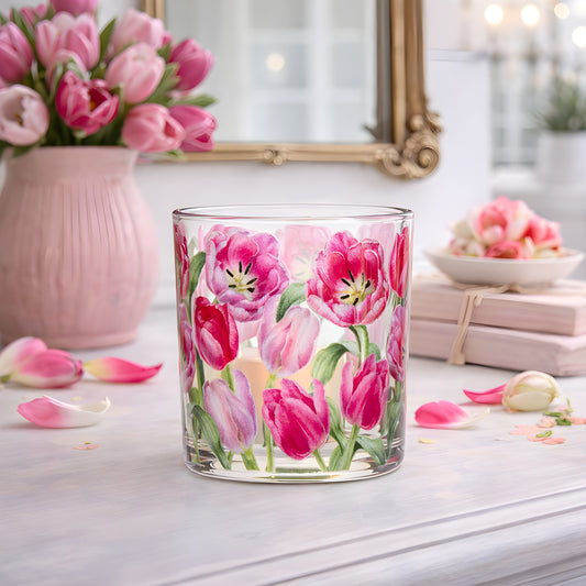 Pink Tulips Votive Glass 3 Inch Holder