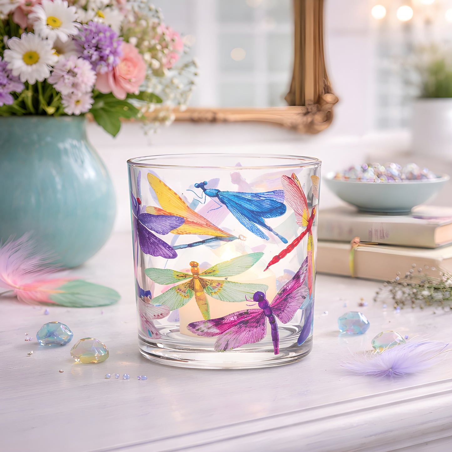 Fluttering Dragonflies Glass Votive 3 Inch Holder
