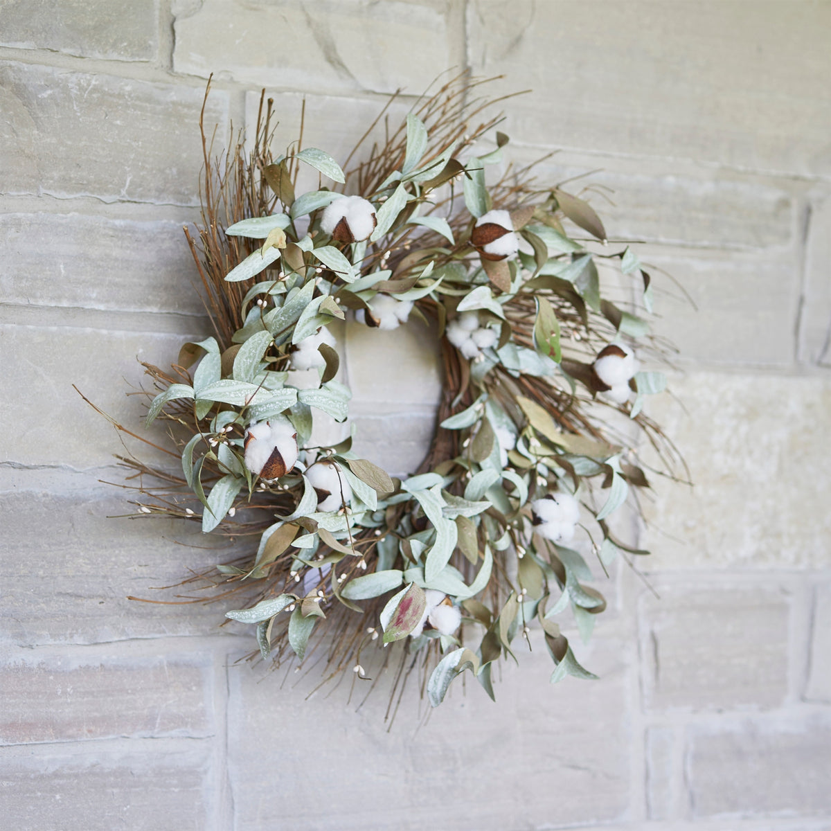 Cotton and Leaf Twig Wreath 28"D — additional view