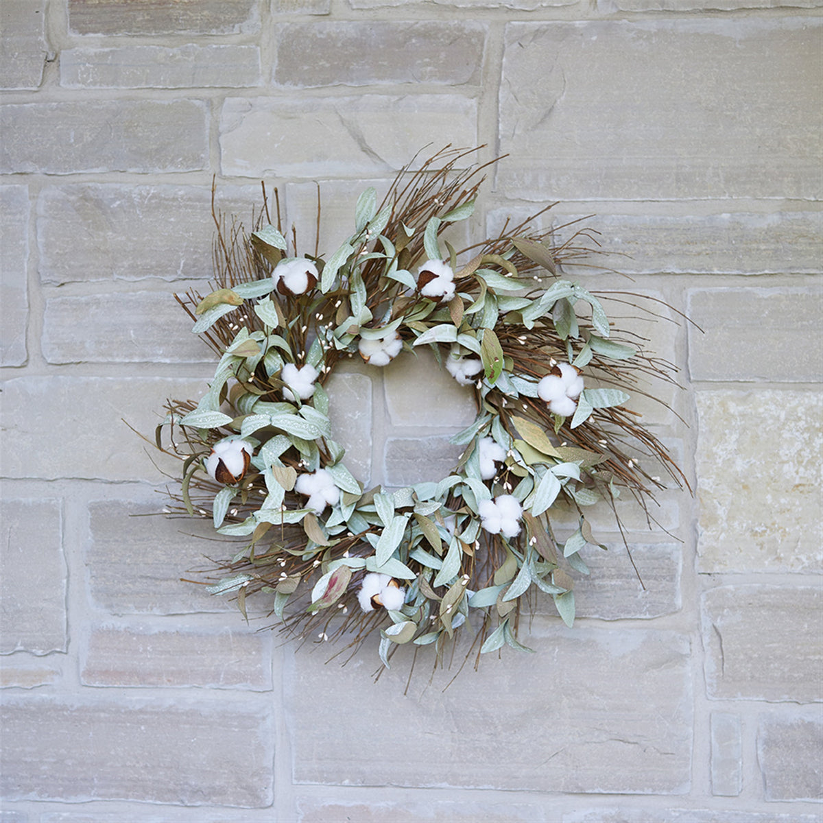 Cotton and Leaf Twig Wreath 28"D — additional view