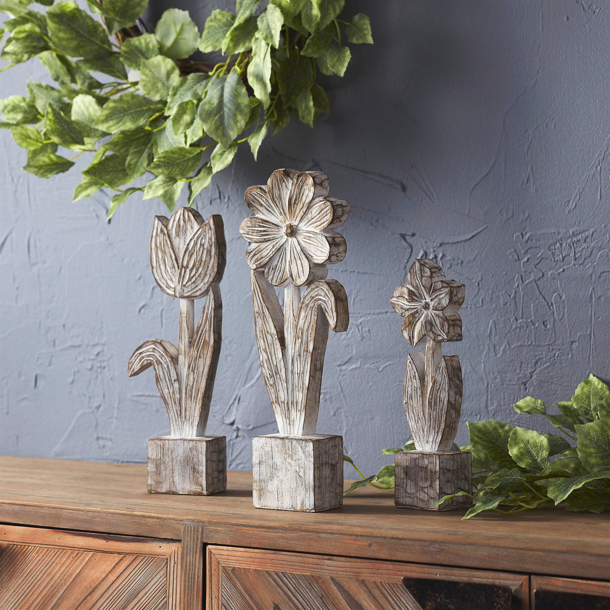 White Washed Potted Floral Sculpture (Set of 3) — additional view